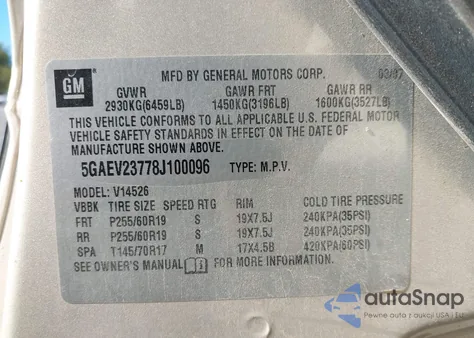 2008 Buick Enclave Cxl from USA, damaged, VIN 5GAEV23778J100096